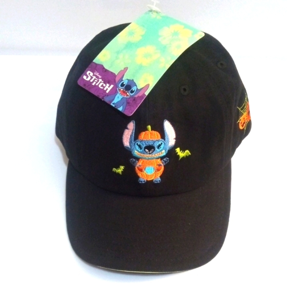 DISNEY STITCH BLACK FITTED CAP HAT PUMPKIN HALLOWEEN COSTUME SIZE OS NWT